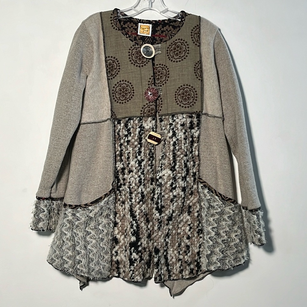 HAND JIVE Art-To-Wear “Cossette Coat” in Chai Mixed Media Artsy Boho Jacket XS